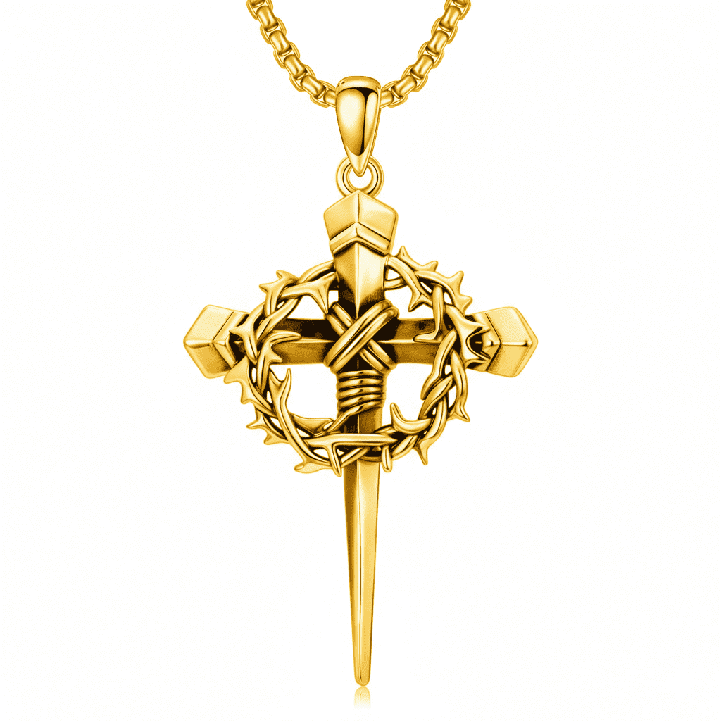 Jesus Cross Necklace for Men Women, Crown of Thorns Crucifix Pendant, 14K Gold Plated Nail Cross Religious Jewelry, Vintage Christian Faith Gift,
