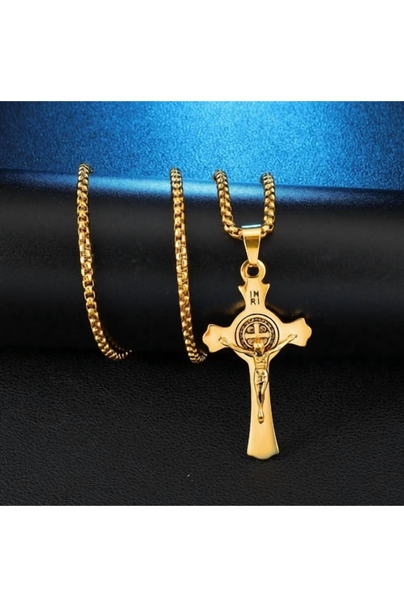 Jesus Cross Necklaces Pendants 14K Yellow Gold Exorcism St. Benedict Crucifix Necklace For Men Jewelry