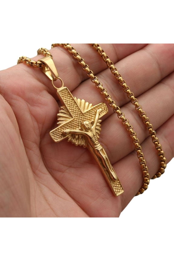Jesus Cross Pendant Necklace Gold Chain 14K Yellow Gold Hollow Religious Cross Pendants & Necklaces for Men Jewelry