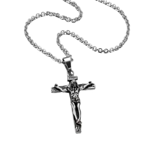 Jesus Cross Pendant Necklace Stainless Steel Chain for Men Women Christian Religious Jewelry Crucifix Locket Spiritual Prayer Daily Wear Vintage Style Premium Gift