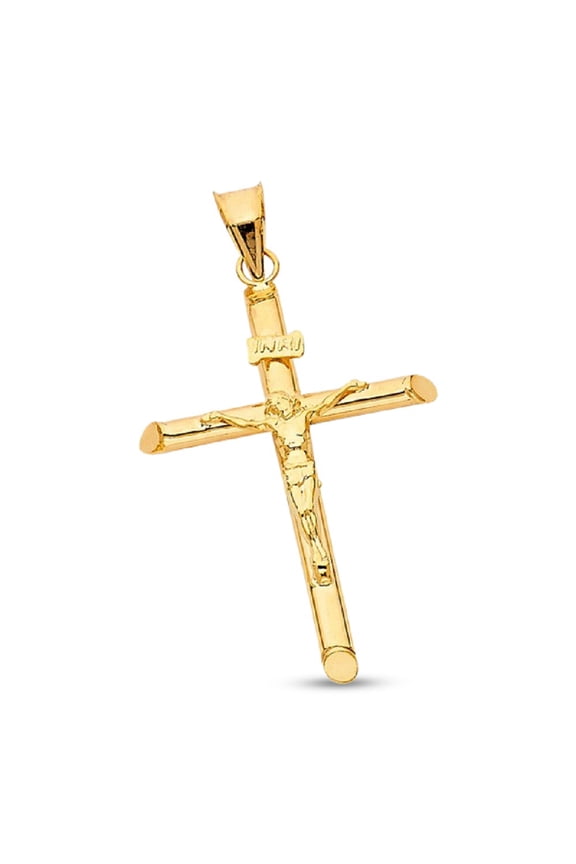 Jesus Cross Pendant Solid 14k Yellow Gold INRI Crucifix Charm Religious Style Genuine 35 x 23 mm