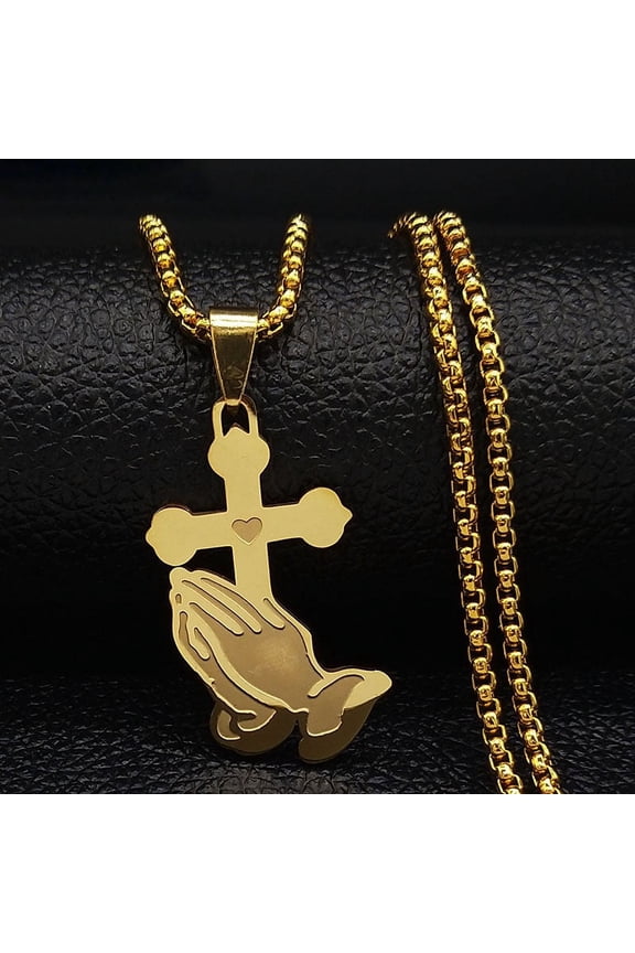 Jesus Cross Praying Hand 14K Yellow Gold Chain Necklaces for Men Gold Color Catholic Religious Faith Jewelry corrente
