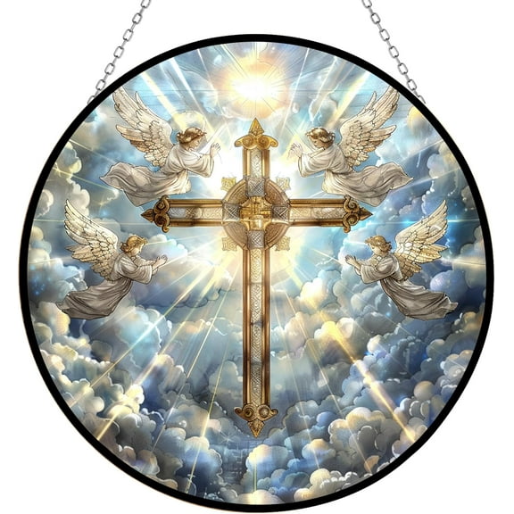 Jesus Cross Stained Glass Window Hangings, Cat Butterfly Sunflower Handcrafted Stained Glass Suncatchers, Gift for Cat Lovers Nature Lovers