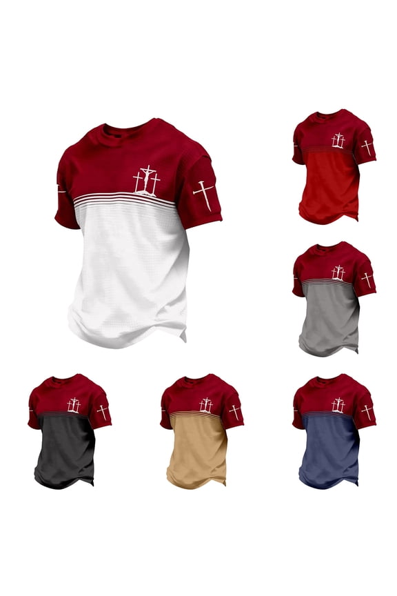 Jesus Cross T Shirts for Men Faith Christian Tees Short Sleeve Breathable Basic Tops Relaxed Fit Red M