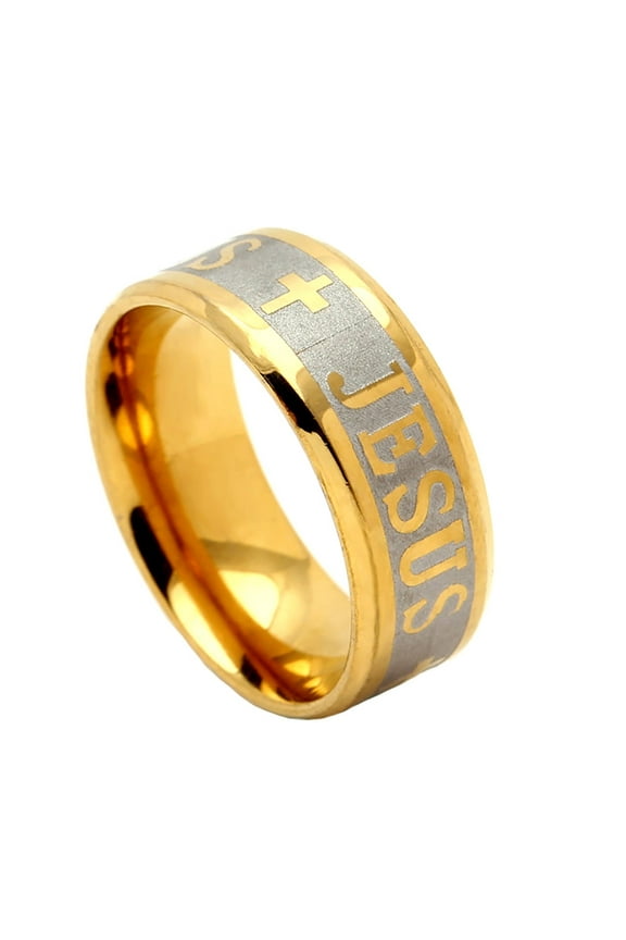 Jesus Cross Wedding Band Ring for Women or Men Gold over Stainless Steel by Ginger Lyne Collection