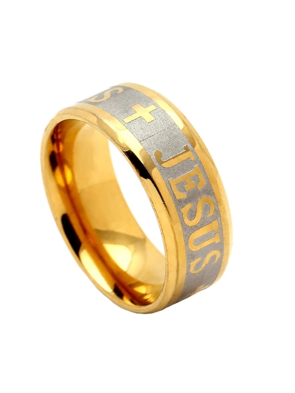 Cross Engraved Wedding Band Ring for Women or Men by Ginger Lyne Gold Plated Stainless Steel