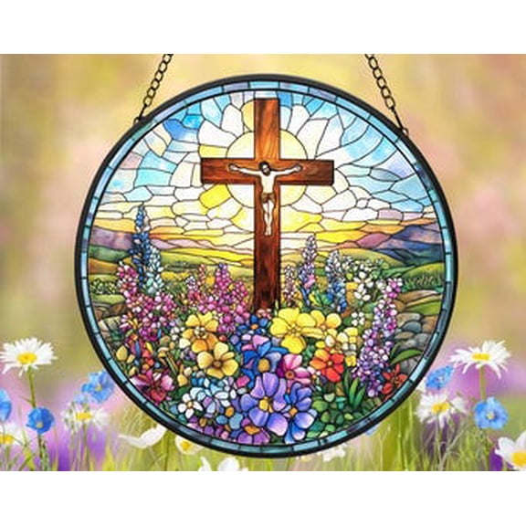 Jesus Cross Wildflower Glass Suncatcher Round Window Hanging, 3.5 in