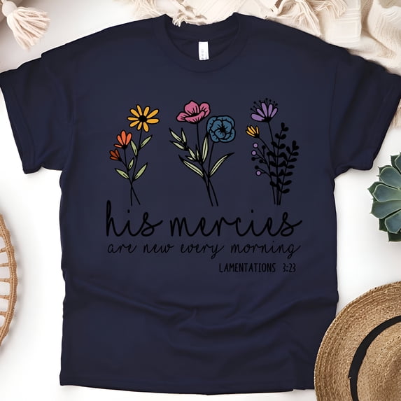 Jesus Cross with Flowers and Butterfly Wing Christian T-Shirt, Navy, Size XL