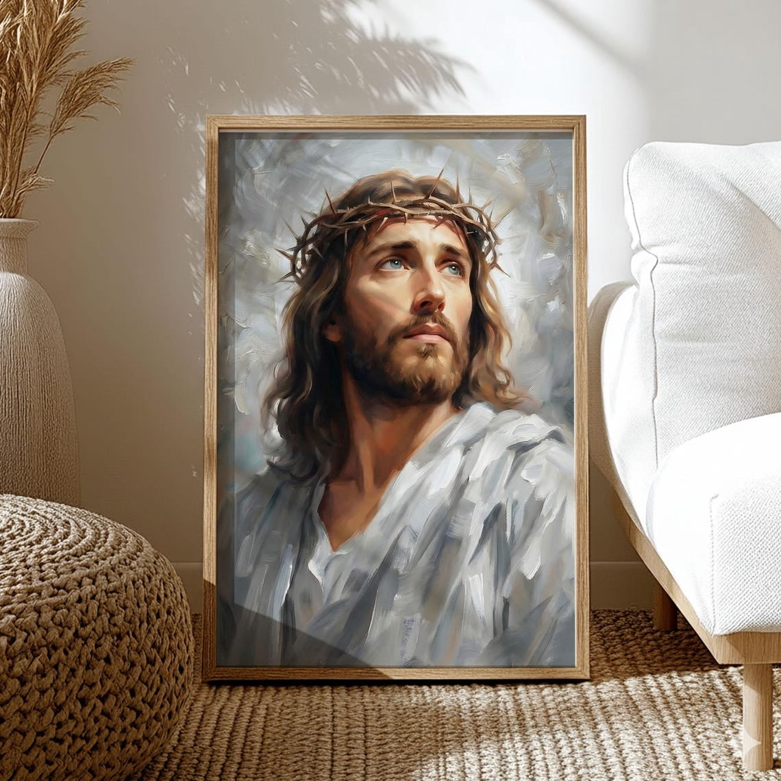 Jesus Crown Of Thorns Christian Portrait Wall Art Print, Stretched ...