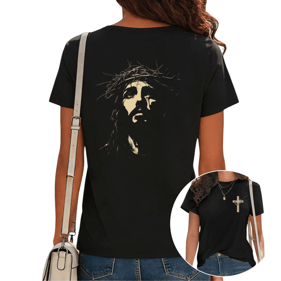 Jesus Crown Of Thorns Cross Graphic Versatile All-Occasion Tees T Shirt Tops Short Sleeve Round Neck Black S-5XL
