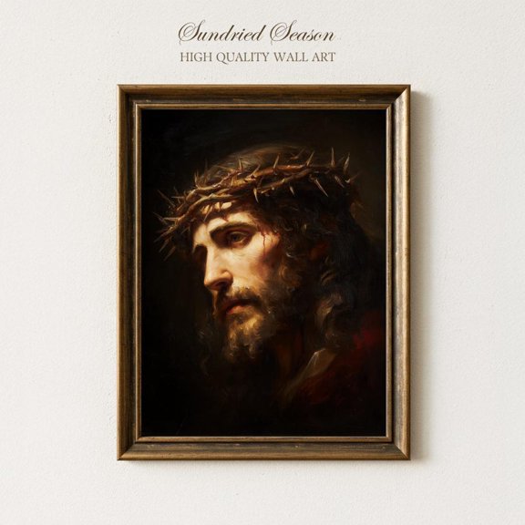 Jesus Crown of Thorns Art Dramatic Christian Portrait Religious Decor