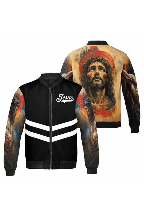 Jesus Crown of Thorns Bomber Jacket – Artistic Christian Faith Apparel for Men and Women – Crucifixion Painting Design