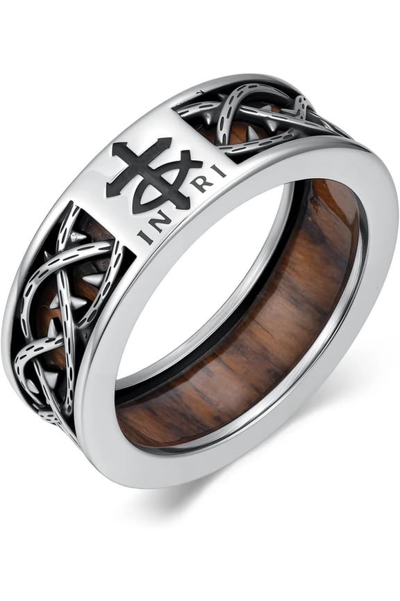 Jesus Crown of Thorns Ring 925 Sterling Silver Wood Ring Christian Cross Band Rings Wooden Jewelry Gifts for Men Women Size 10