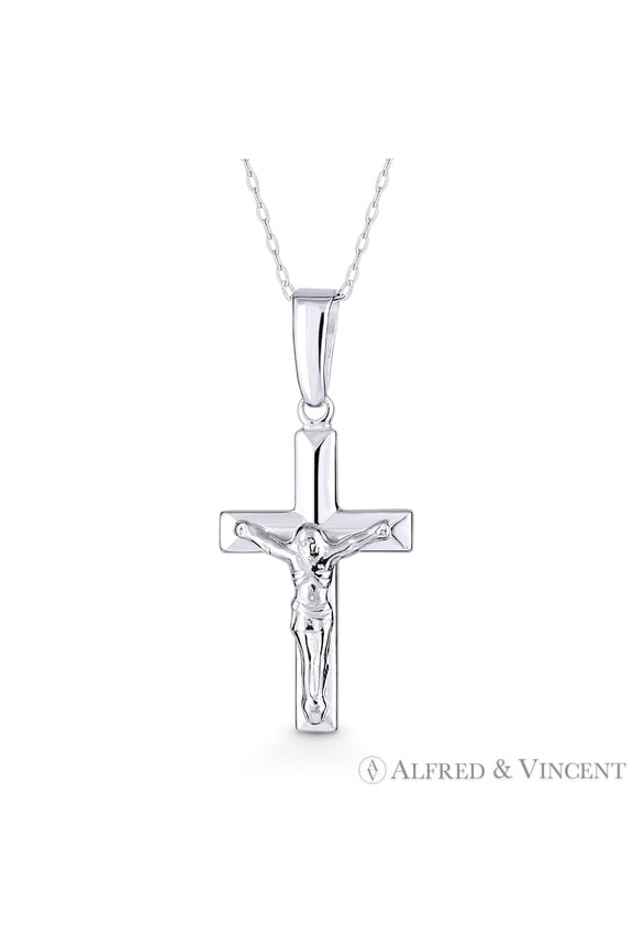 Jesus Crucifix Catholic Latin Cross 30x13mm (1.2x0.5in) Pendant & Chain Necklace in .925 Sterling Silver