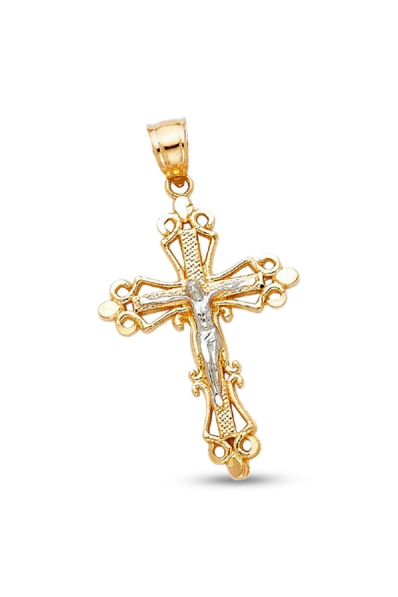 Jesus Crucifix Medieval Grill Cross Pendant 14k Gold Two Tone Solid Christian Charm Religious Design Genuine 28 mm x 20mm