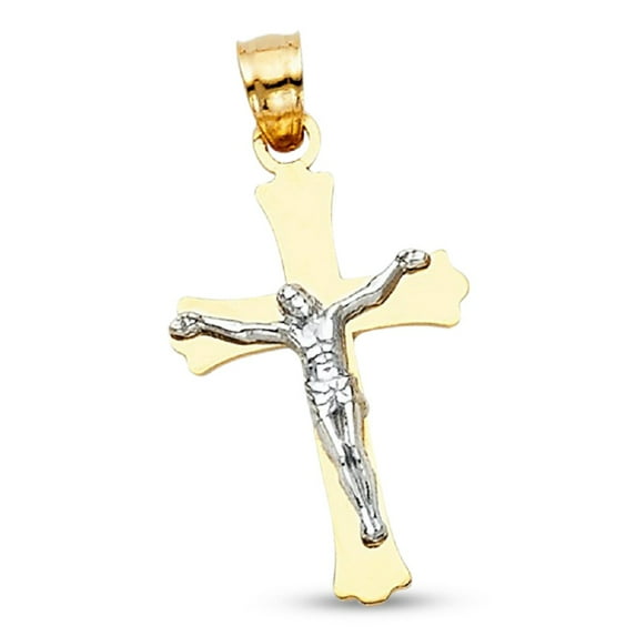 Jesus Crucifix Pendant Solid 14k Yellow White Gold Cross Charm Religious Gift Two Tone 23 x 14 mm