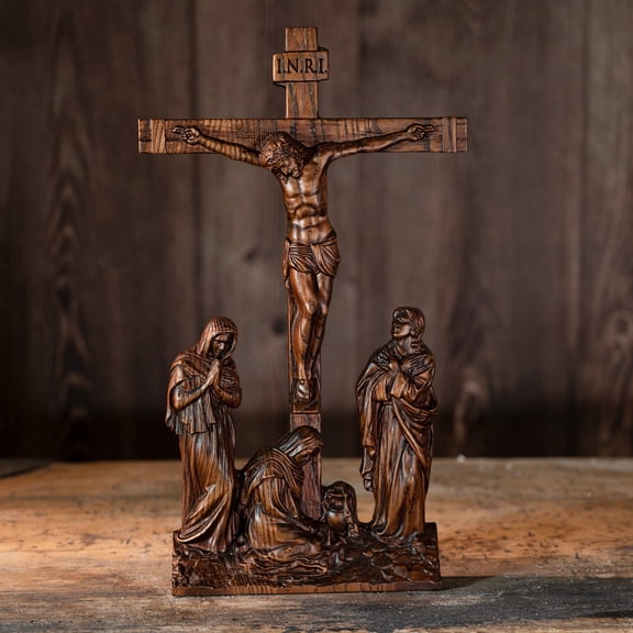 BGCOPPER Wooden Carved Crown of Thorns Jesus Face Wall Cross with INRI, Catholic Religious Home Decor