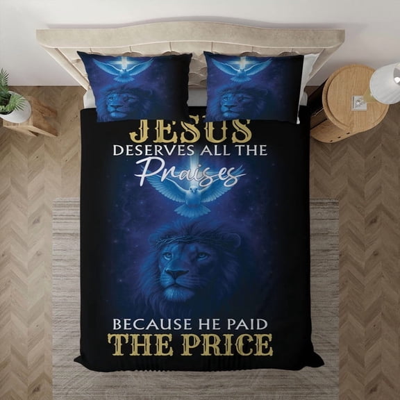 Jesus Deserves All The Praises Bedding Set – Christian Lion and Dove Religious Faith-Based Bedroom Decor