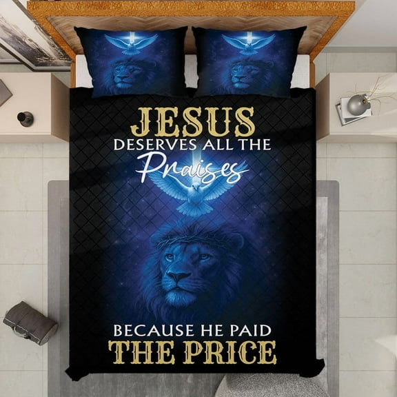 Jesus Deserves All The Praises Quilt Bedding Set – Lion of Judah Christian Quilt Blanket & Pillowcases – Religious Faith Quilt Bed Set – Inspirational Christian Bedroom Decor