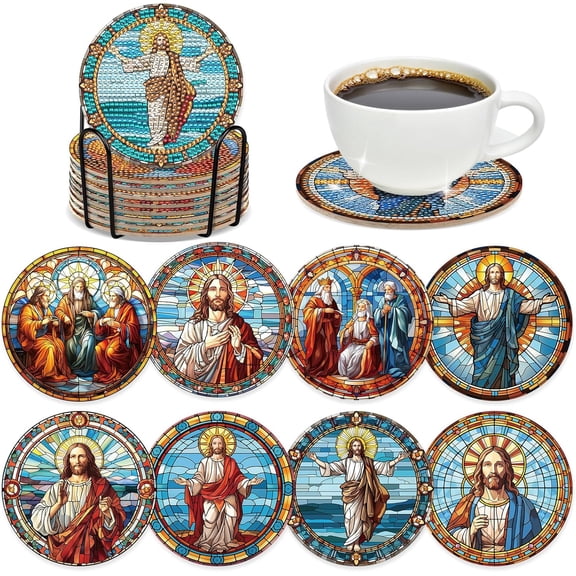 Jesus Diamond Art Coasters - 8 Pcs DIY Christian Colorful Glass Diamond Painting Coasters Kits for Drinks Coffee Religions Art Craft Table Decor Birthday Inspirational Easter Gift for Beginners