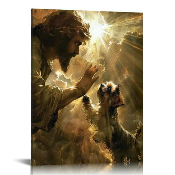 Jesus and Dog wall art decor Christian wall art, Jesus Canvas Wall Art Print ，Jesus Decorations Religious Christian Gifts for Church Prayer Room Living Room Home Decor Wooden Framed