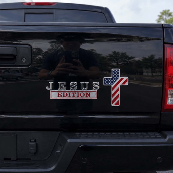 Jesus Edition Cross Emblem Metal Badge, 3D Jesus Christ Cross Edition Car Emblem Stickers with American Flag, Christian Auto Emblem Decal for SUV RV Truck
