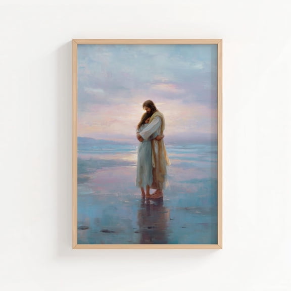 Jesus Embracing Crying Woman Beach Wall Art