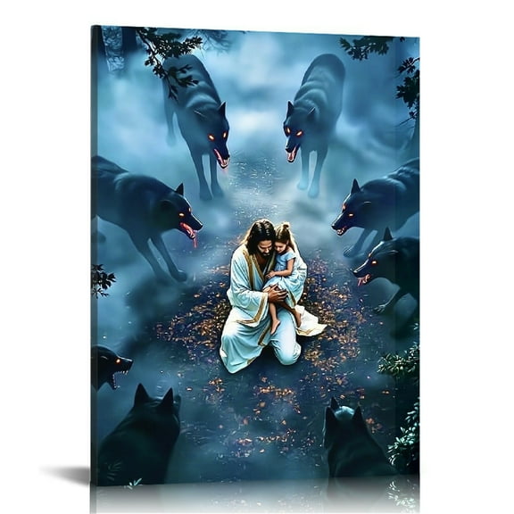 Jesus Embracing Girl Canvas Wall Art, Safe in His Arms Pictures Canvas Print Posters Wall Decor, Christian Wall Art Home Decor for Living & Prayer Room Framed