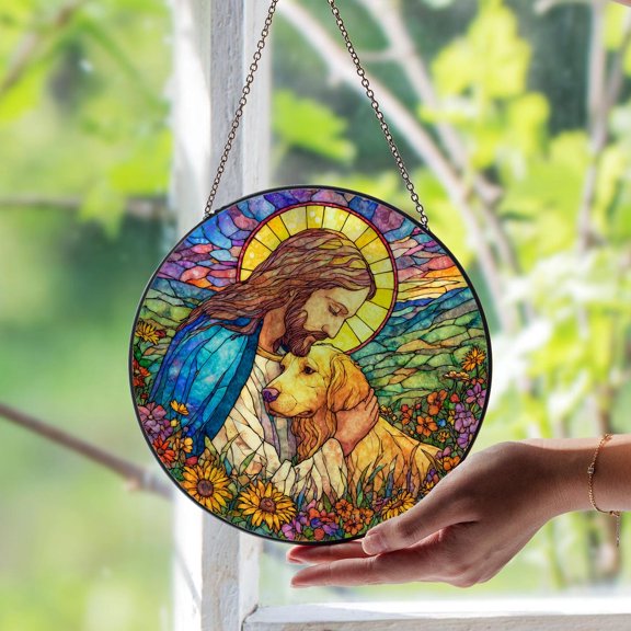 Jesus Embracing Labrador Retriever Suncatcher, Christian Pet Memorial, Faith Decor, 3.5 in