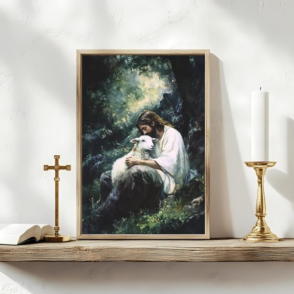 Jesus Embracing The Lamb – Dark Forest Christian Art Print, Good Shepherd, Lost Sheep Bible Verse Wall Decor Wall Art, Modern Wall Decor, 24x36 UNFRAMED