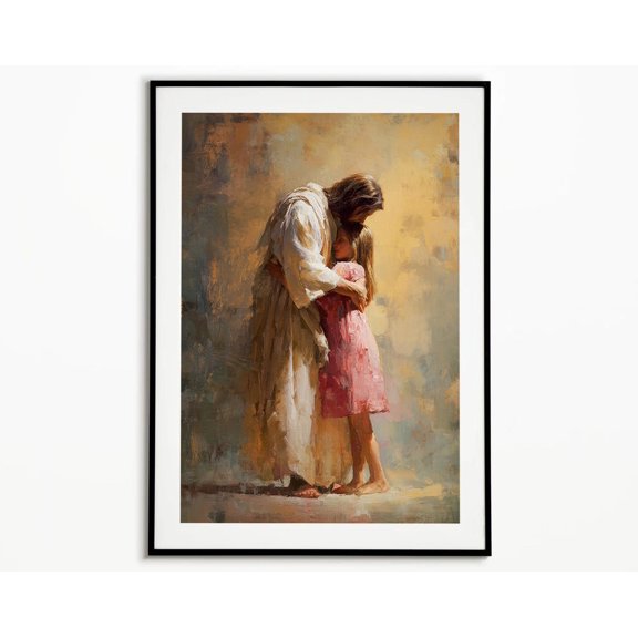 Jesus Embracing Little Girl Tender Christian Wall Art Divine Love Protection Faith Inspired Picture, Unframed Paper Poster 8x10in