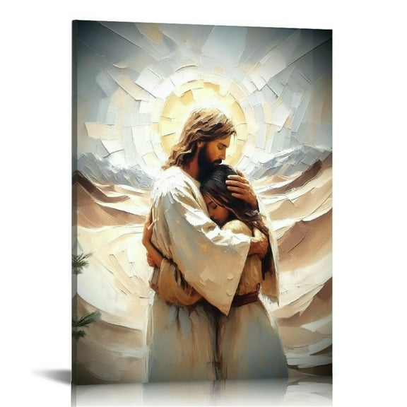 Jesus Embracing Woman Canvas Wall Art, Safe in His Arms Pictures Canvas Print Posters Wall Decor, Christian Wall Art Home Decor for Living & Prayer Room Framed