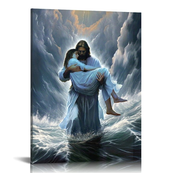 Jesus Embracing Woman Walk in Water Canvas Wall Art, Safe in His Arms Pictures Canvas Print Posters Wall Decor, Christian Wall Art Home Decor for Living & Prayer Room Framed
