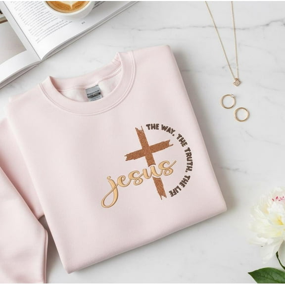 Jesus Embroidered Sweatshirt Christian Cross Shirt Faith Based Religious Outfit Bible Verse Inspired Crewneck Christ Embroidery Clothing