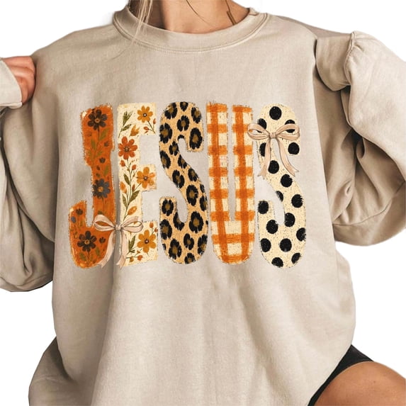Jesus Fall Sweatshirt for Men and Women, Floral Leopard Plaid Christian Graphic Crewneck, Sizes S-3XL