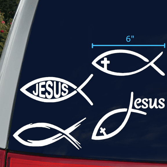 Jesus Fish Decals 4 Pack: Jesus Fish, Fish Cross, Tribal Ichthys, Christian Fish Decals