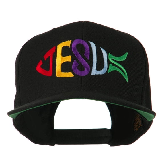 Jesus Fish Embroidered Flat Bill Cap - Black OSFM
