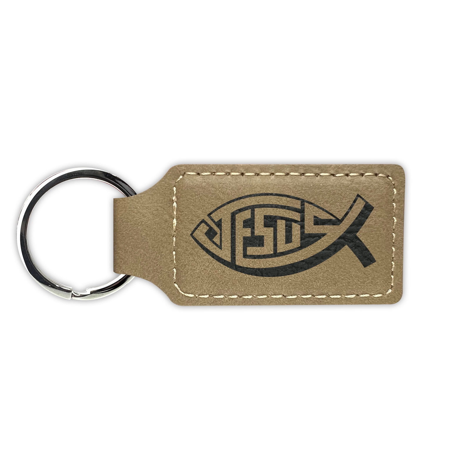 Jesus Fish Keychain Leatherette Rectangle Laser Engraved Many Colors Key Chain Ring christianity christian ichthys symbol saviour Bamboo
