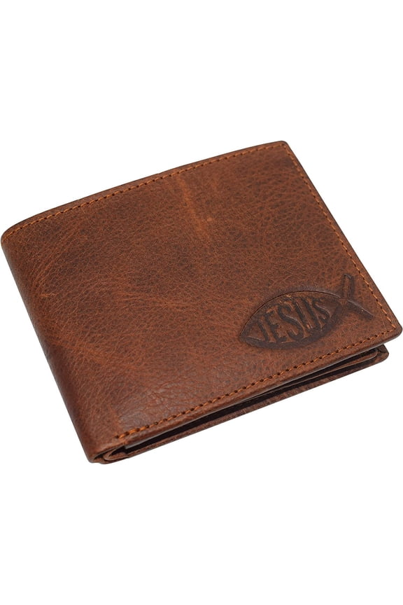 Jesus Fish Men's RFID Blocking Genuine Leather Bifold Trifold Ichthys Wallet Bifold