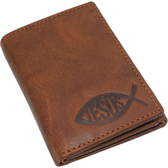 Jesus Fish Men's RFID Blocking Genuine Leather Bifold Trifold Ichthys Wallet Trifold