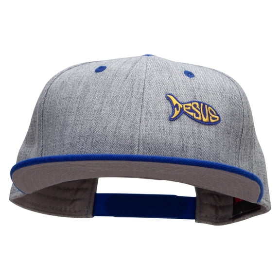 Jesus Fish Religious Patched Flat Bill Snapback Two Tone Cap - Royal Grey OSFM
