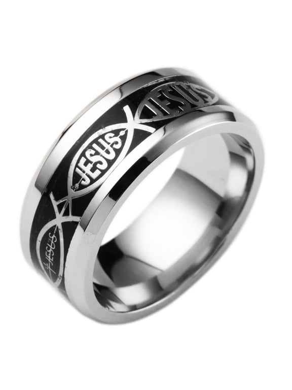 Jesus Fish Black Wedding Band for Men or Women 8mm Stainless Steel Ring by Ginger Lyne Collection