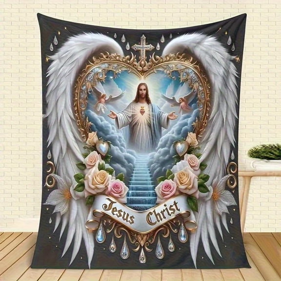 Jesus Flannel Throw Blanket - Soft Religious Blanket with Angel Heart Patterns, All Season Gift for Church Home Travel, Machine Washable, 30x40 to 60x80 inch