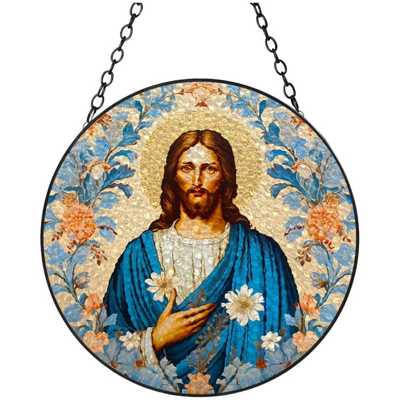 Jesus Flowers Icon Stained Glass Suncatcher Colored Handmade Window Hangings Glass Suncatcher Crafts Kits for Indoor Garden Christmas Decoration 16x16cm(4)