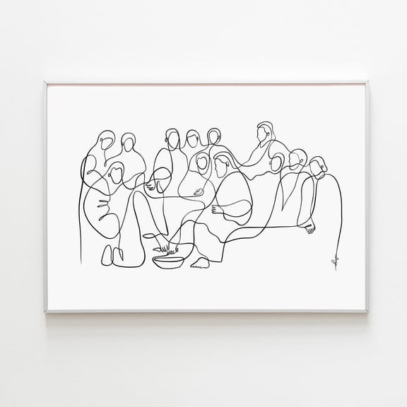 Jesus Foot Washing Wall Art Maundy Thursday Line Drawing One Linear Sketch Spiritual Artwork Lord Christ Serving Disciples, Stretched Canvas 8x10in