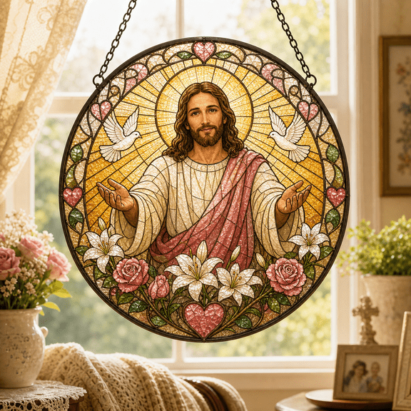 Jesus Gift for Grandma Stained Glass Suncatcher Window Hanging Christian Gift