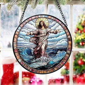 Jesus Glass Suncatcher, Christian God Window Hanging, Religious Christmas Decor, Memorial Faith Gift, Suncatcher Window Hanging, 7.9 in