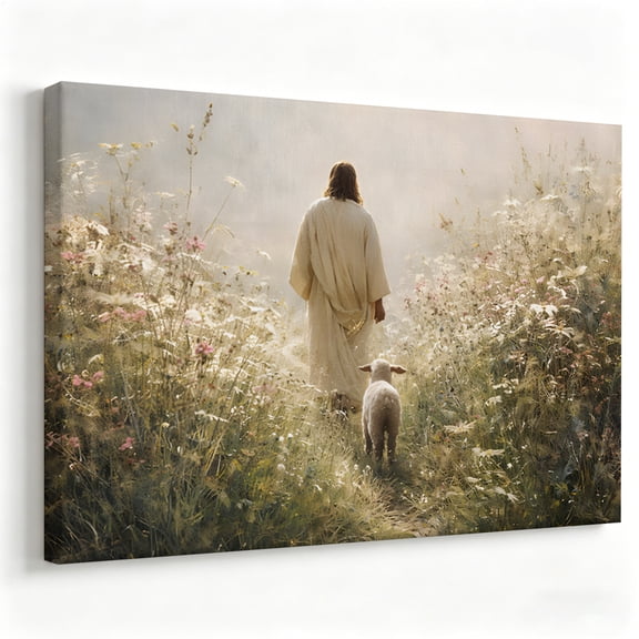 Jesus The Good Shepherd With Lamb Canvas Wall Art, Christian Faith Decor, Serene Wildflower Meadow Biblical Artwork For Home Chapel, Living Room, Bedroom, Ready To Hang 24*36inch(60*90cm)