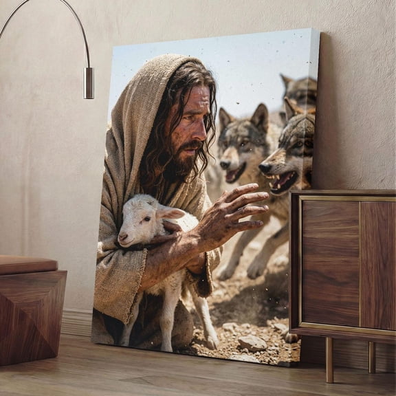 Jesus Good Shepherd Print Christ Protecting Lamb Art Biblical Wolves Wall Decor Christian Faith Religious Unframed Paper Print