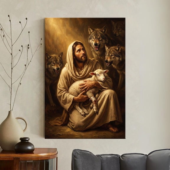 Jesus Good Shepherd Print Christ Protecting Lamb From Wolves Christian Wall Decor Religious Biblical Faith Unframed Paper Print